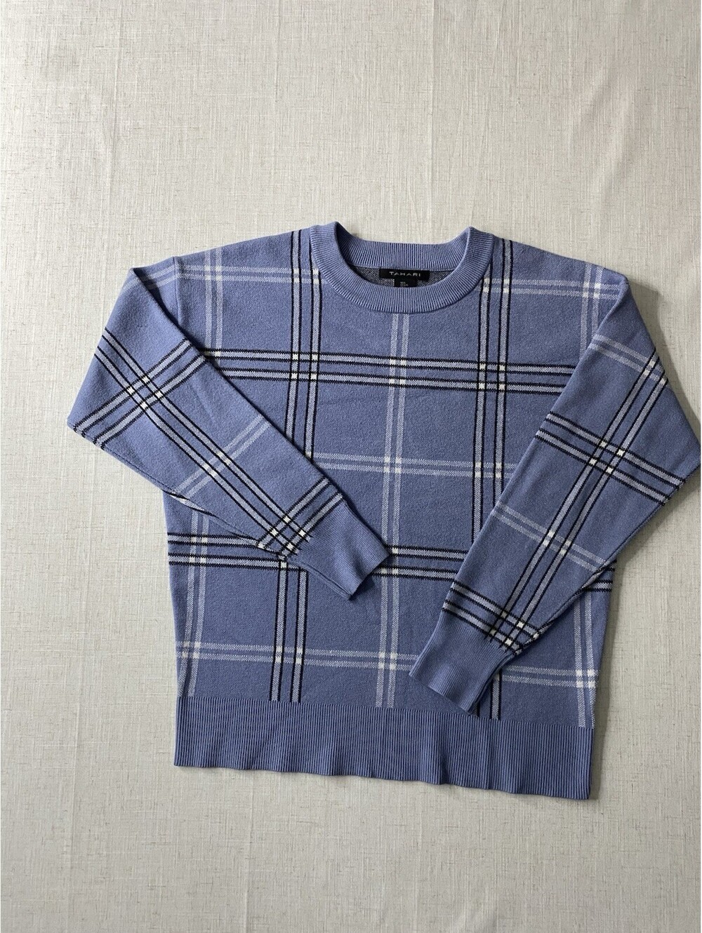 Tahari Plaid Crewneck Sweater Women L Light Blue Knit Pullover Soft Y2K Preppy